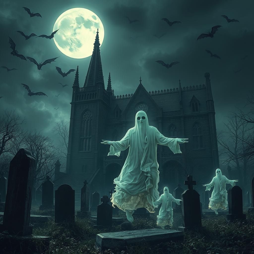 Ethereal Ghosts in Graveyard of Haunted Mansion