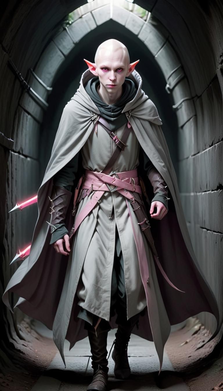 Albino Elf in Dark Tunnel with Cloak and Daggers