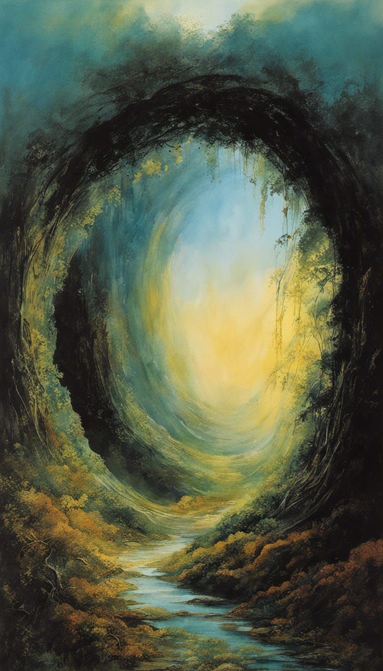 Gothic Girl Emerges from Bioluminescent Galaxy Portal