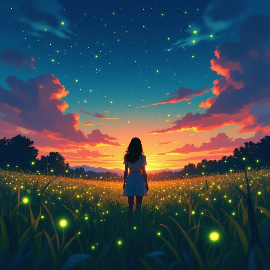 Bioluminescent Meadow Under Divided Sky in Digital Art Style