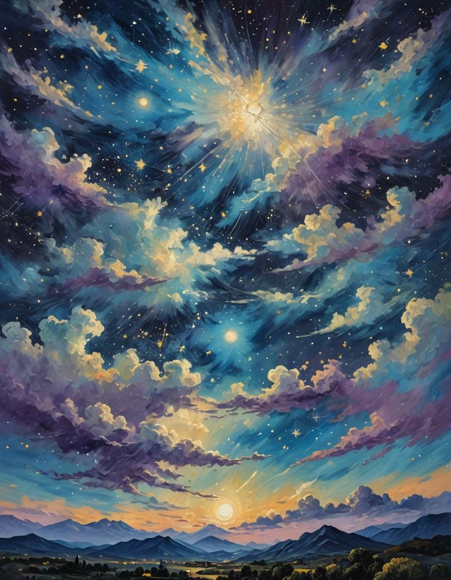Starry Nightscape Celestial Oil Painting