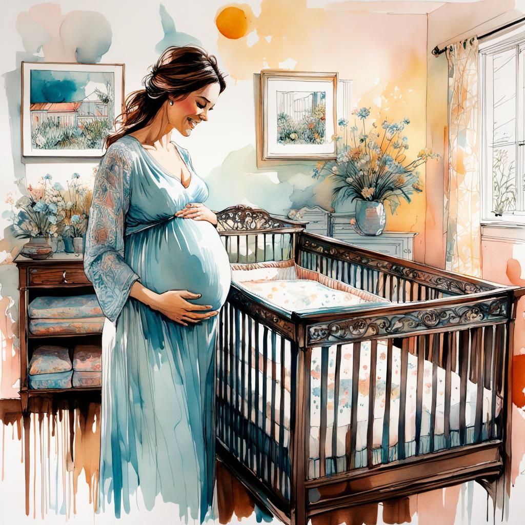 Pregnant Woman in Nursery: Ink and Watercolor Drawing