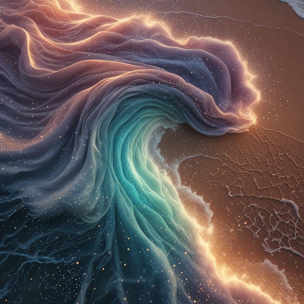 Cosmic Fabric Cloak Unfurls on a Sparkling Beach