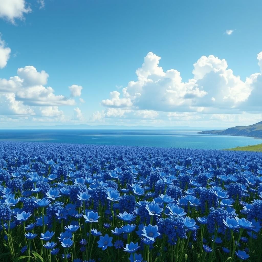 Blue Flower Field Under Blue Sky in 3D