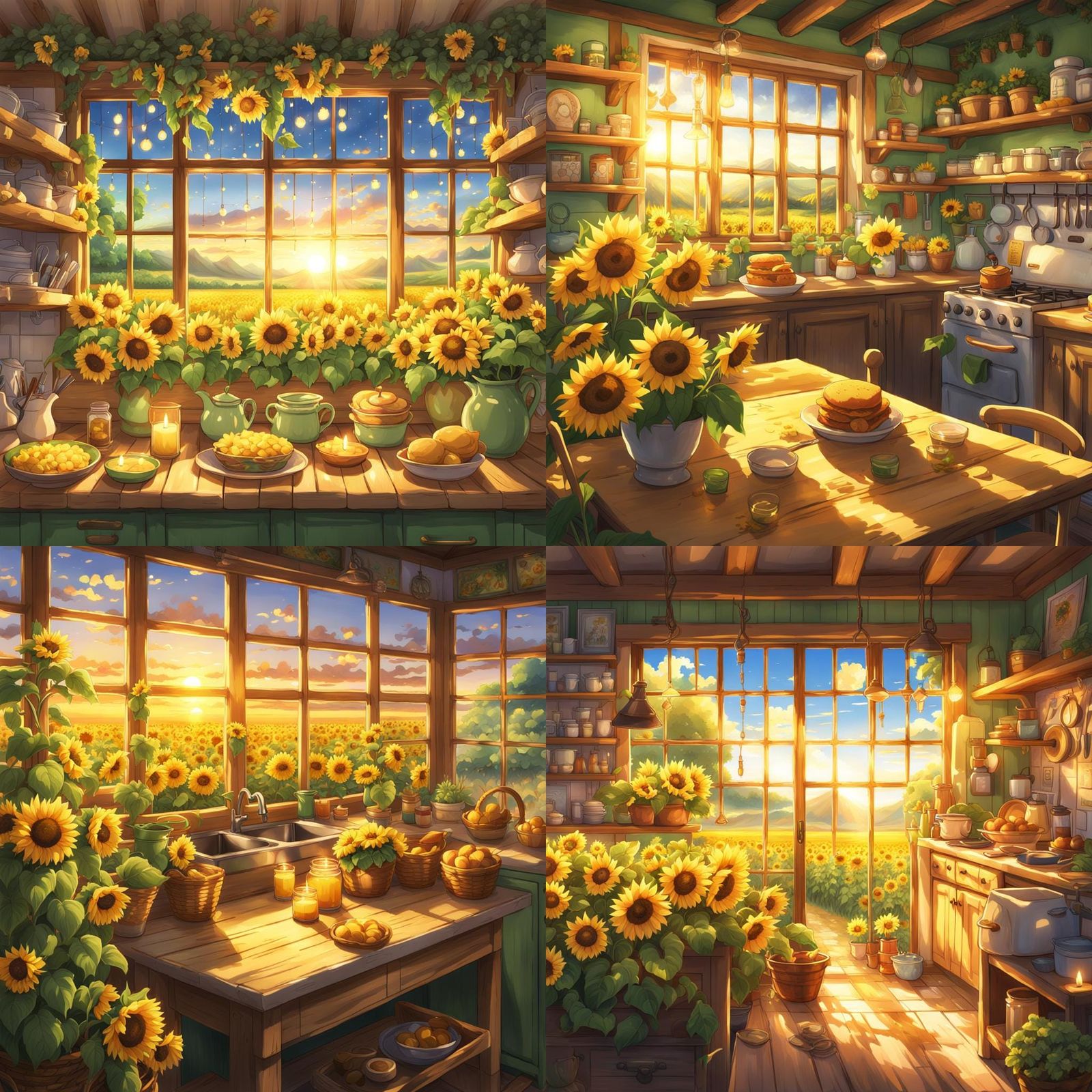 Cozy Cottage Kitchen with Sunflowers in Anime Style