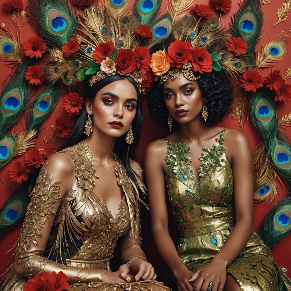Dramatic Portrait of Women with Metallic Skin and Peacock Fe...
