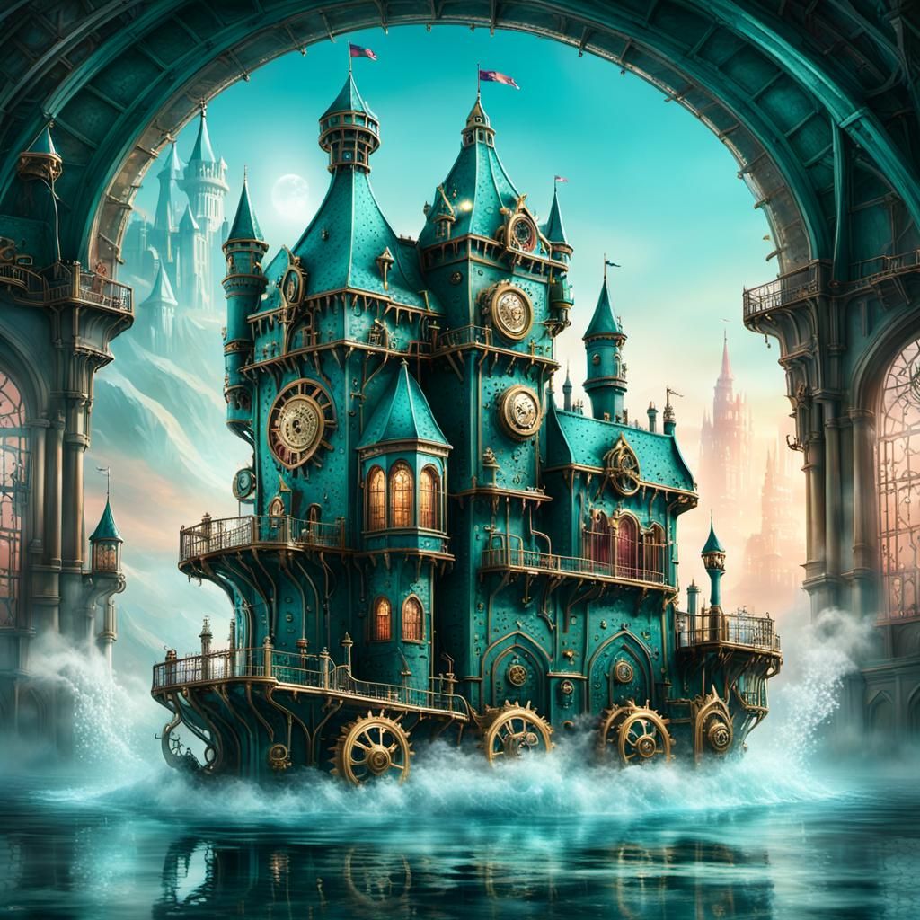 Steampunk Castle Rises with Sea Monster