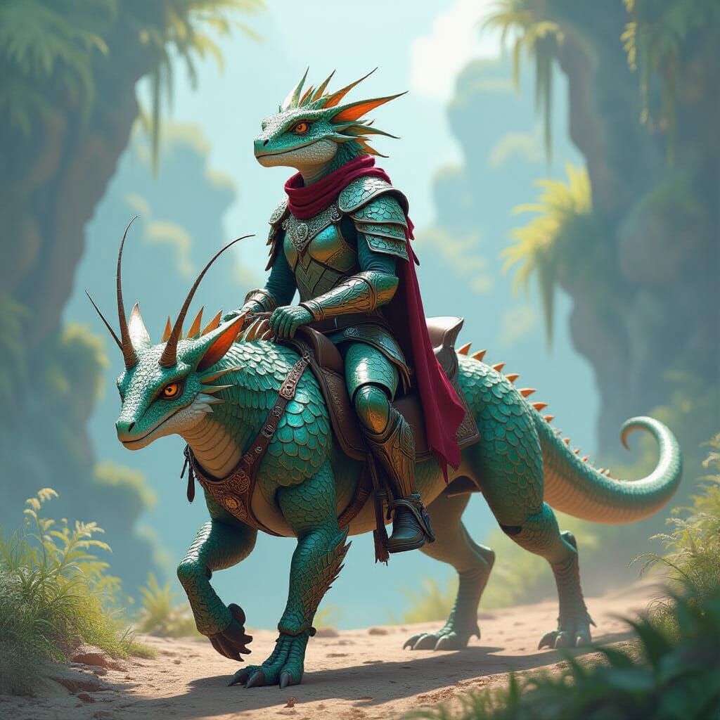 Lizard Warrior Astride a Mantis-Headed Steed