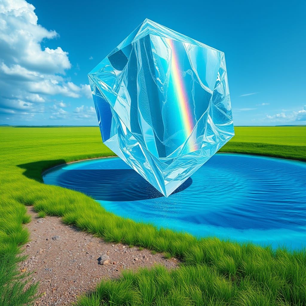 Colossal Ice Cube Above Cobalt Pond, Hyper-Surreal Scene