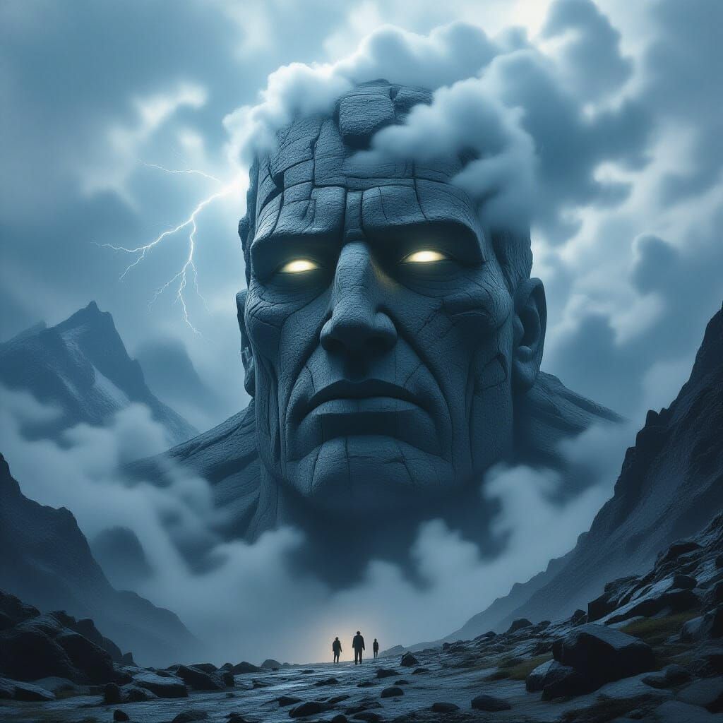 Colossal Stone Giant Awakens Amidst Mountain Storm
