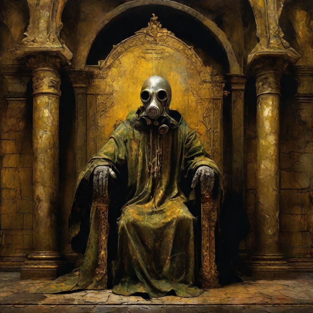 Plague Doctor King in Ruined Cathedral as Impasto Painting