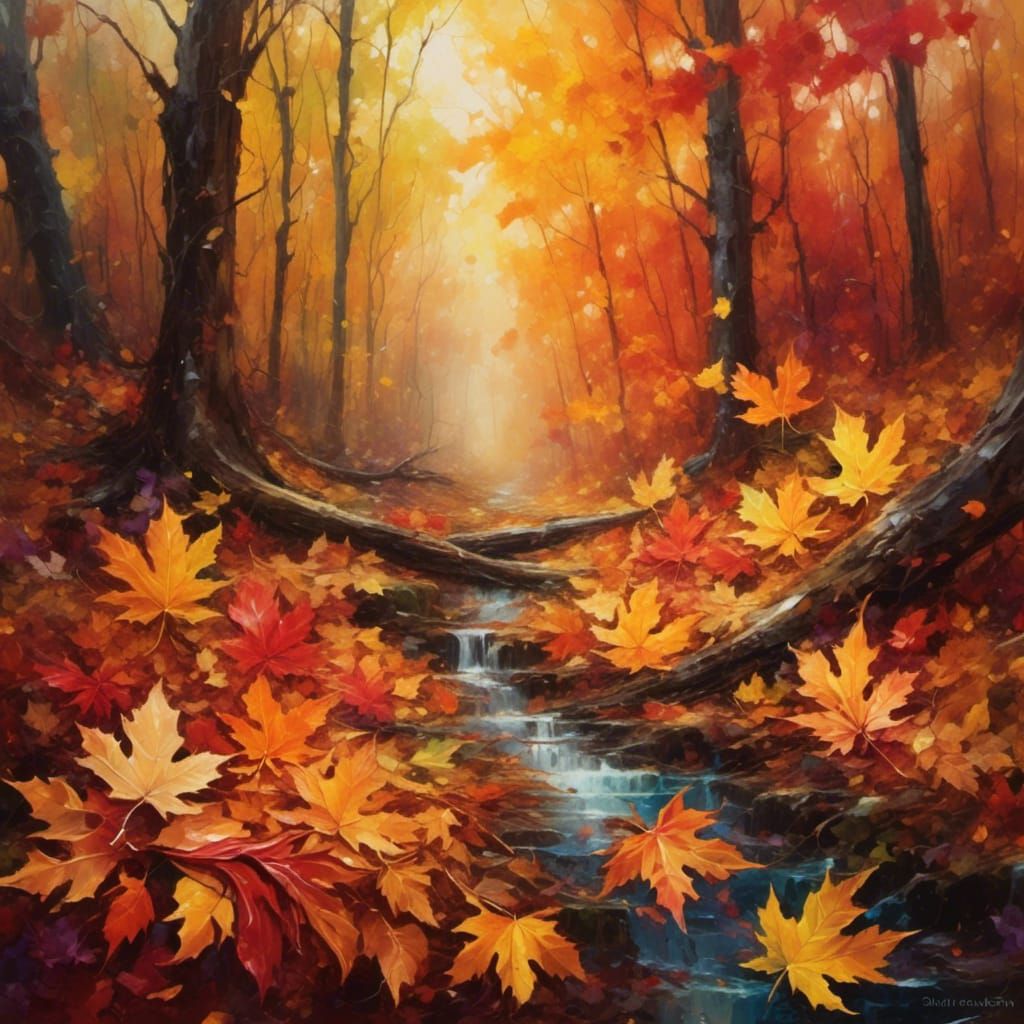 Autumn Leaves Spiral: Impasto Oil Painting