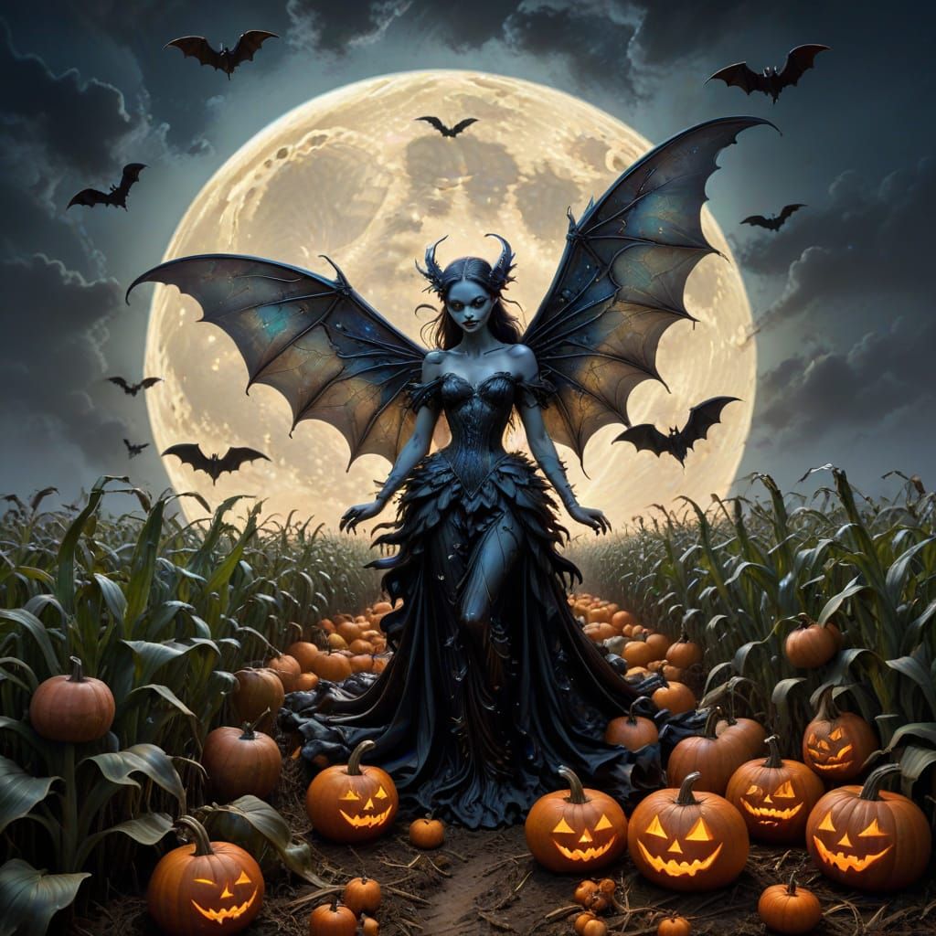 Creepy Harvest Fairy Under Misty Full Moon