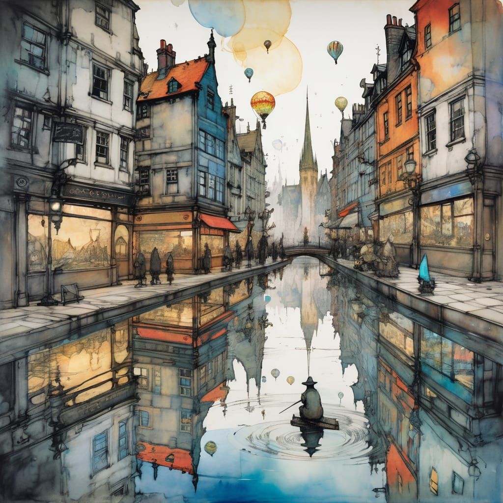 Cityscape Reflected on Water in Triadic Colors