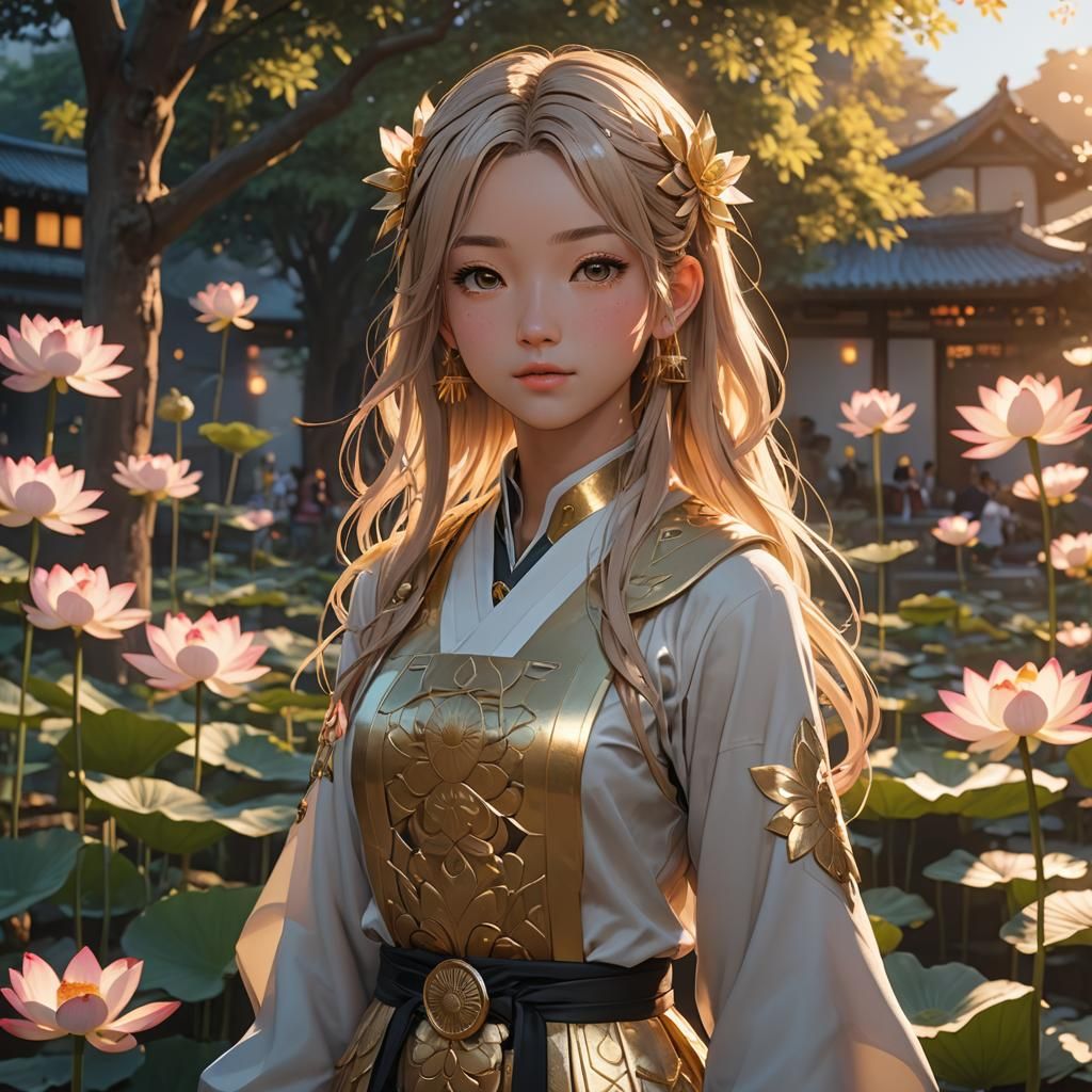 Girl with Lotus Hair in Anime Style