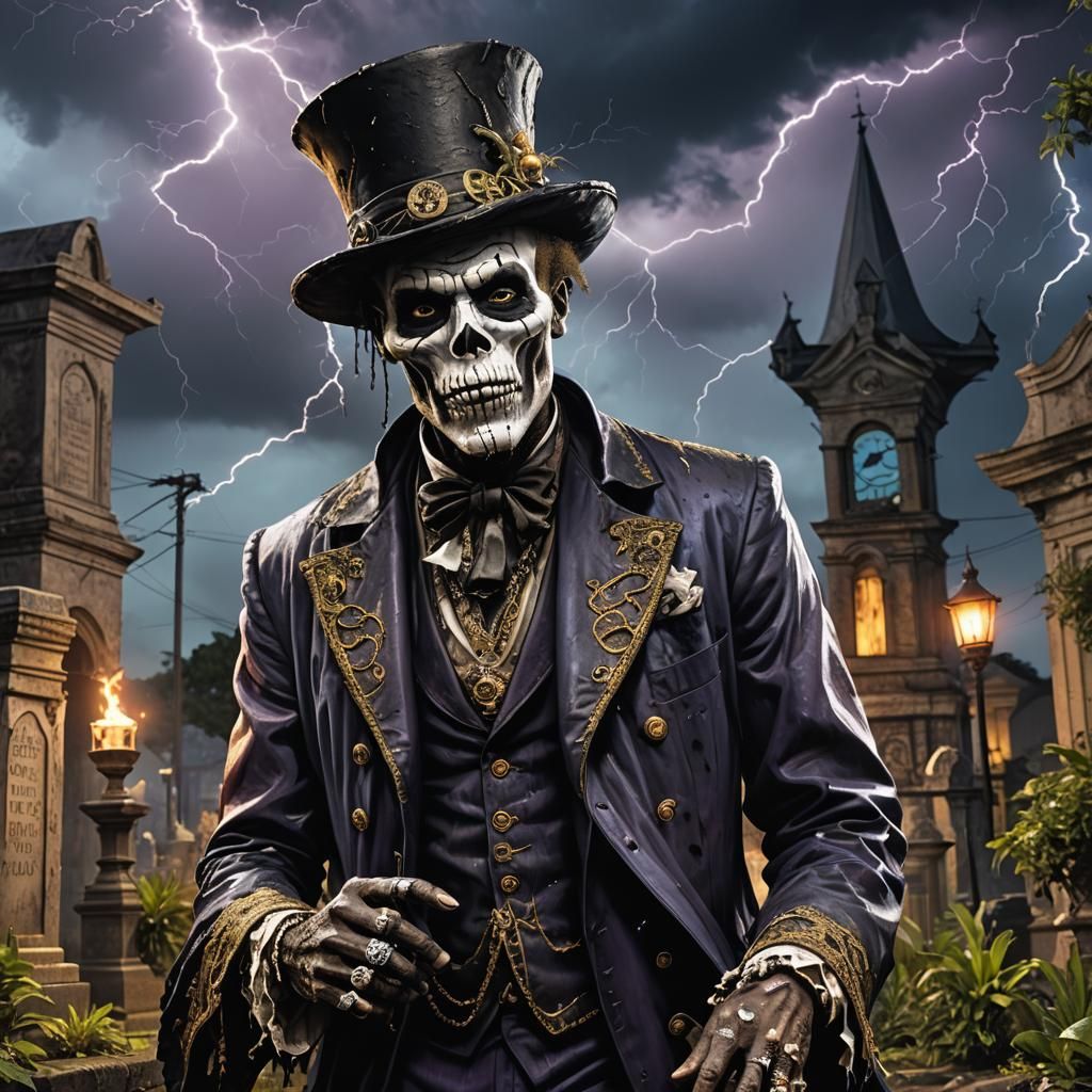 Baron Samedi in New Orleans Graveyard at Night