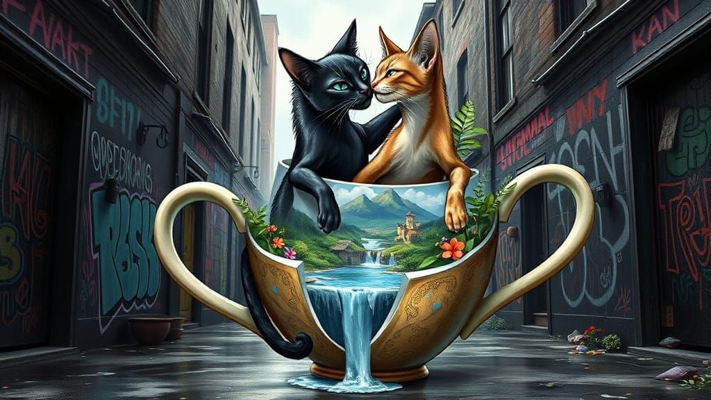 Surreal Coffee Mug Skyscraper with Affectionate Cats