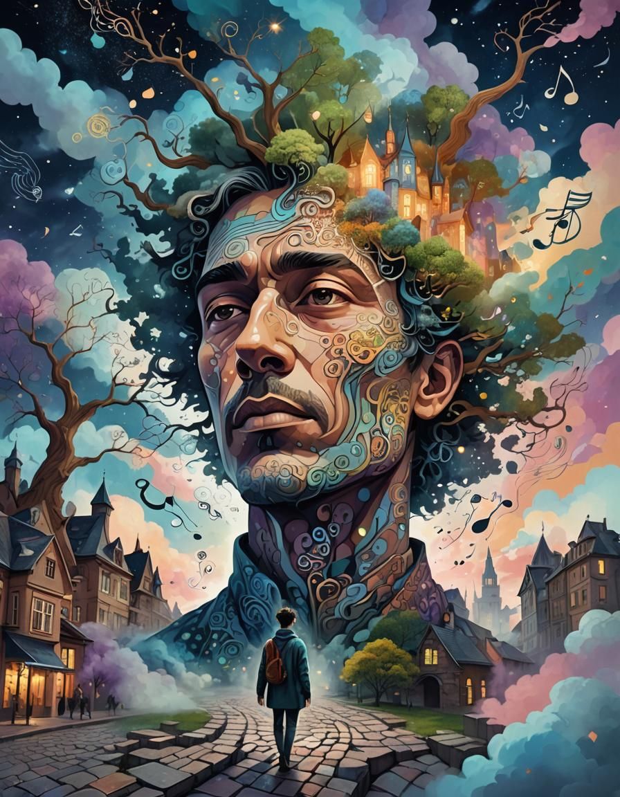 Dreamlike Skyscape with Musical Tree in Surreal Digital Art