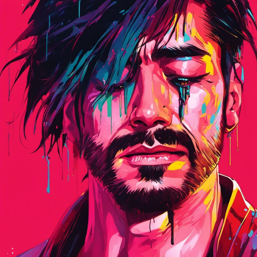 Crying Man: Cyberpunk Neon Graffiti Portrait