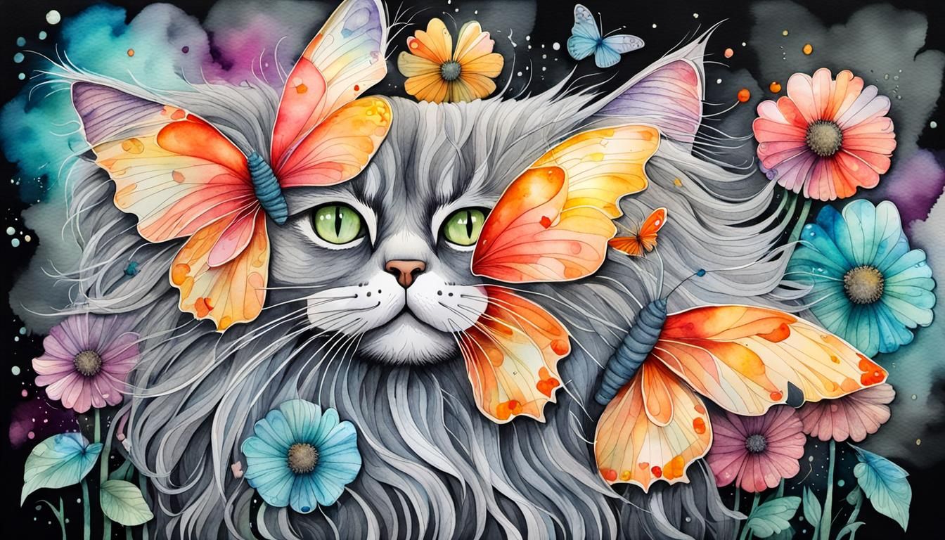 Watercolor Cat with Butterflies in Garden