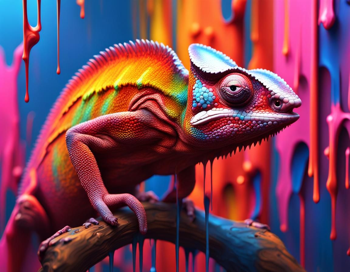 Colorful Chameleon Dripping Paint in Digital Art