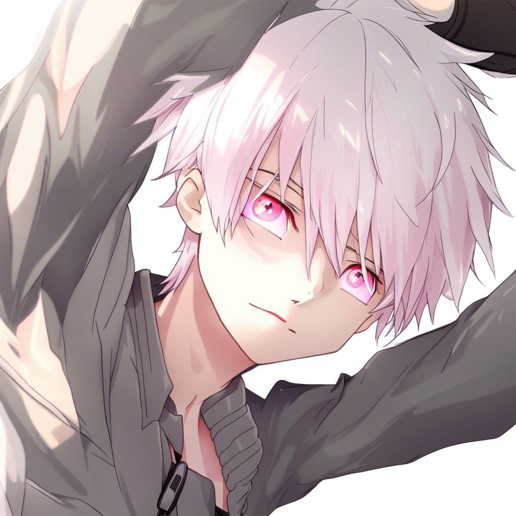 Anime Boy with White Hair and Pink Eyes