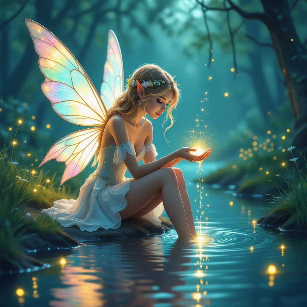 Enchanting Fairy with Iridescent Wings in Magical Forest
