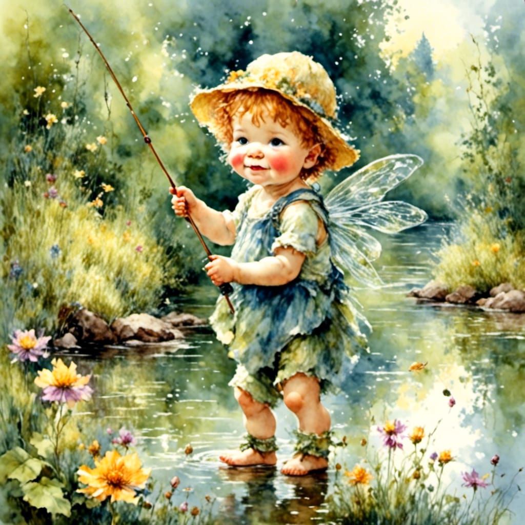 Auburn-Haired Baby Fairy Fishing by the River