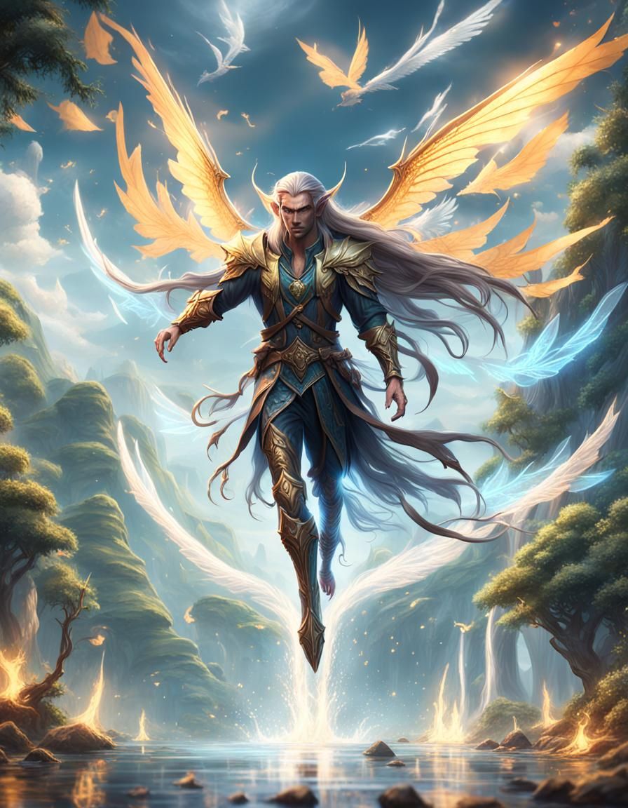 Fantasy Male Elf with Wings, Detailed Matte Painting