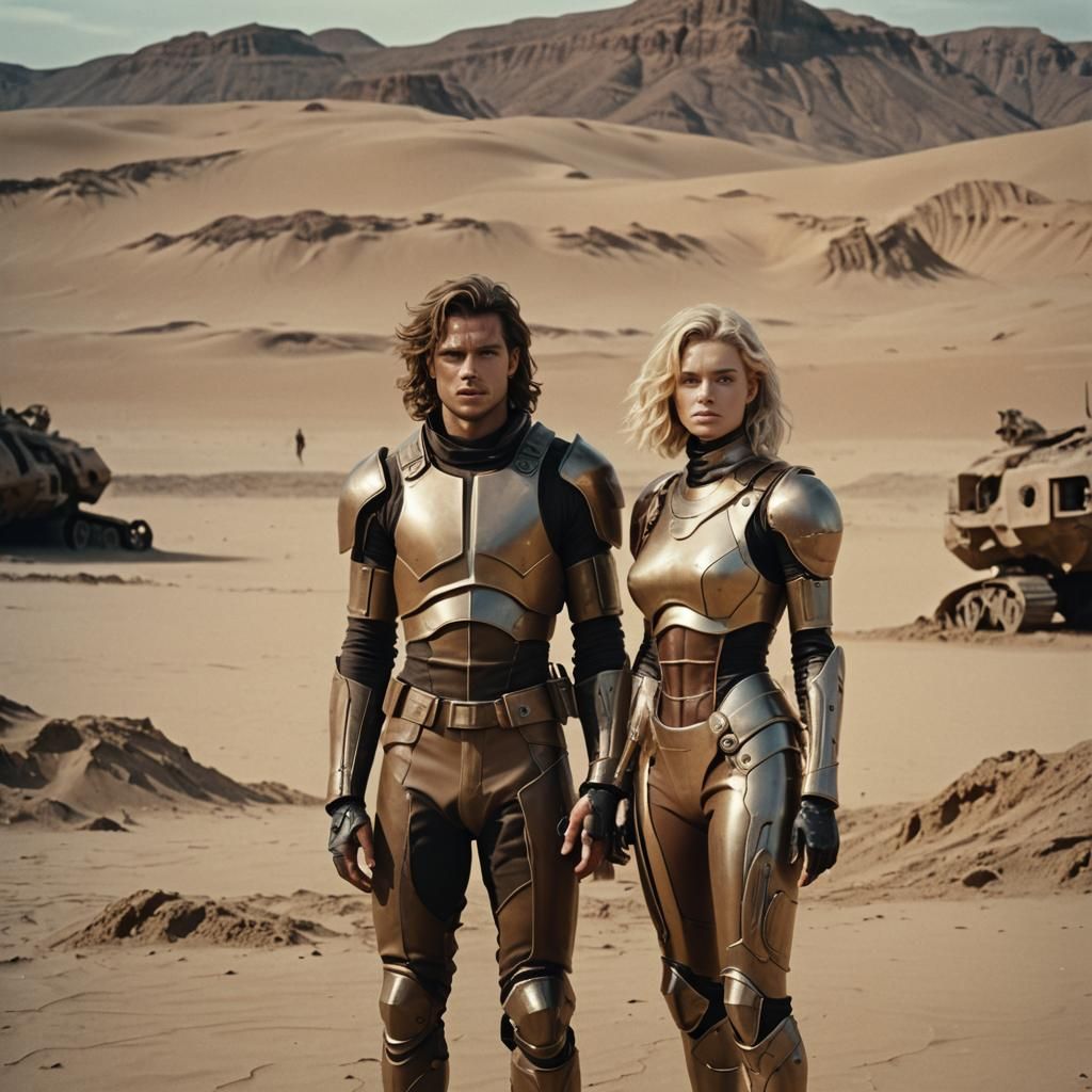 Futuristic Warriors in Desert Landscape with Monster