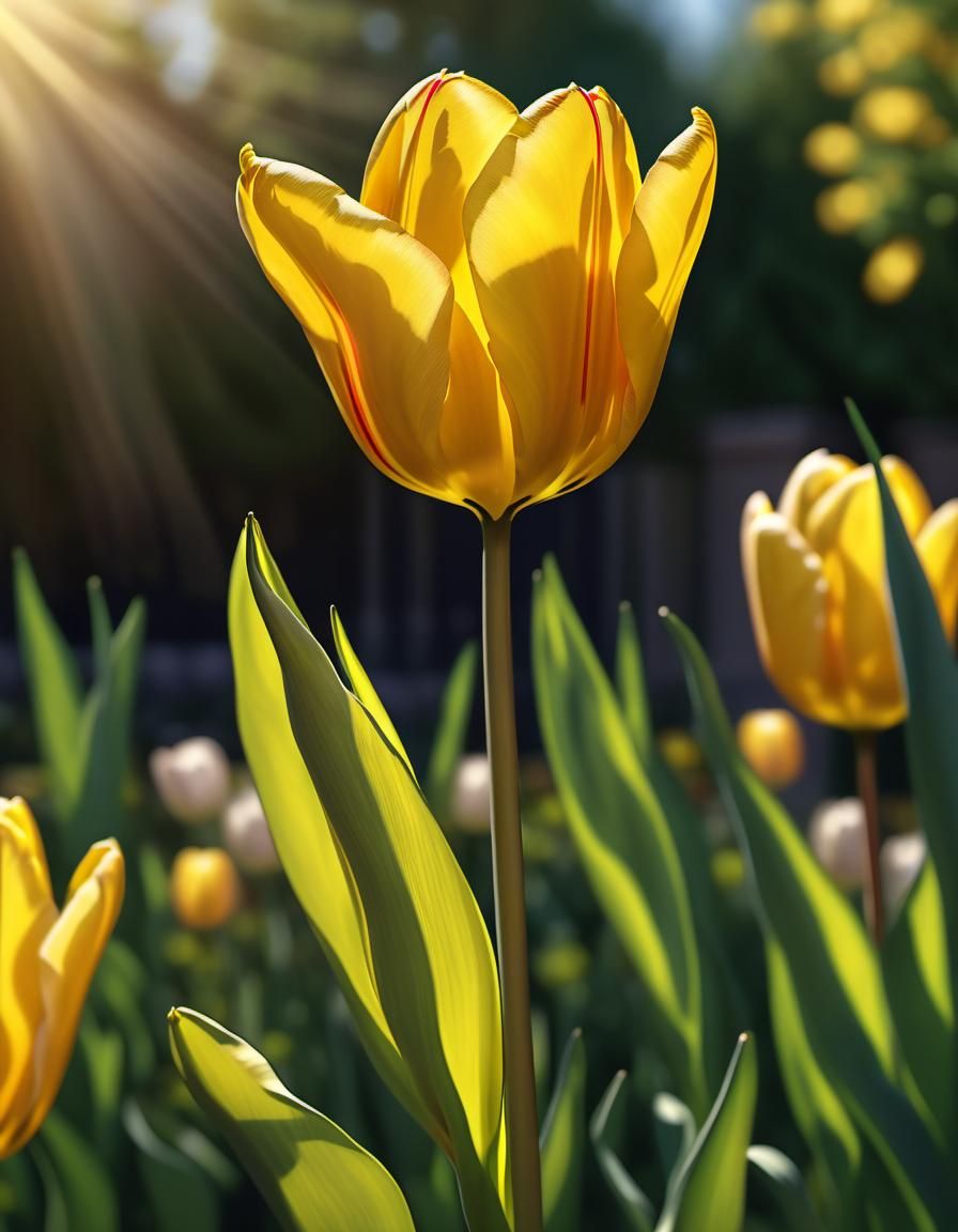 Blooming Yellow Tulip in Sunlit Garden