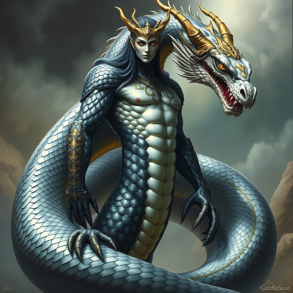 Majestic Serpent-Human Hybrid in Iridescent Scales and Golde...