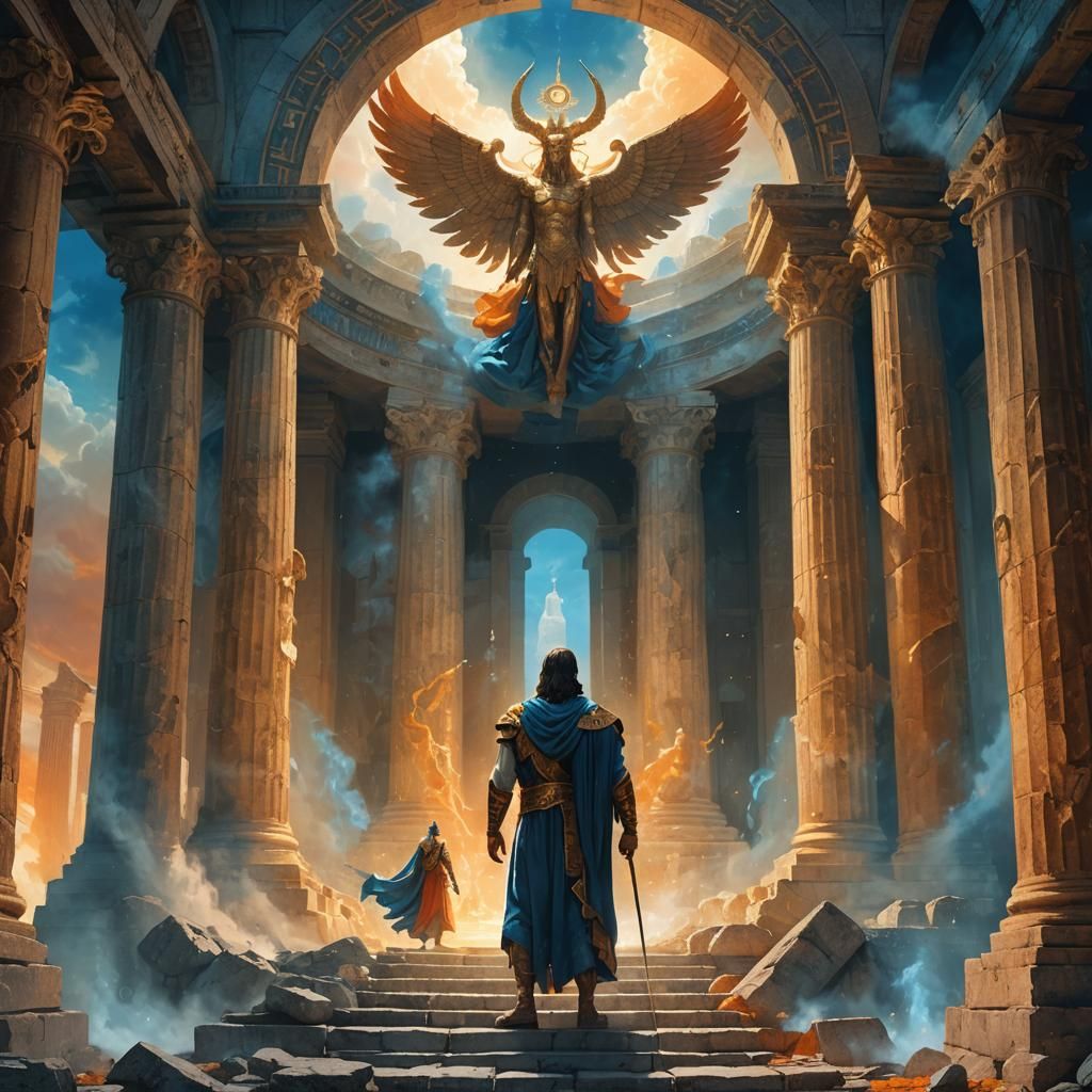 Greek God and Lucifer in Mystical Temple