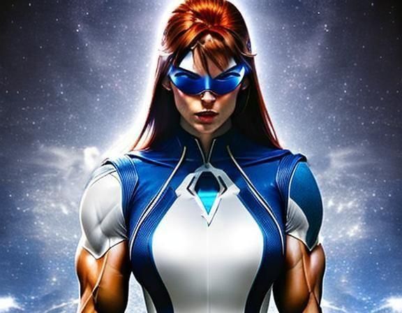 Muscular Auburn-Haired Woman in Hero Pose