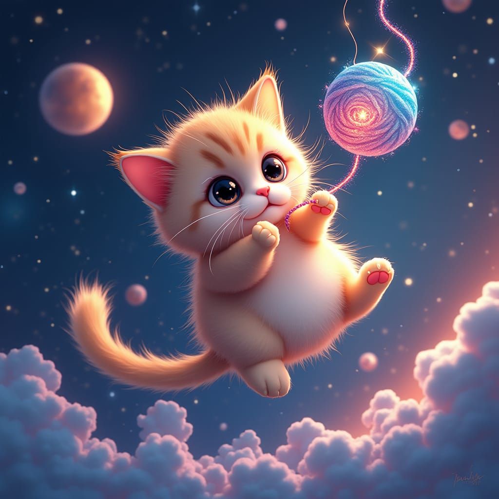 Anime Cat Floats Through Space Playing with Yarn