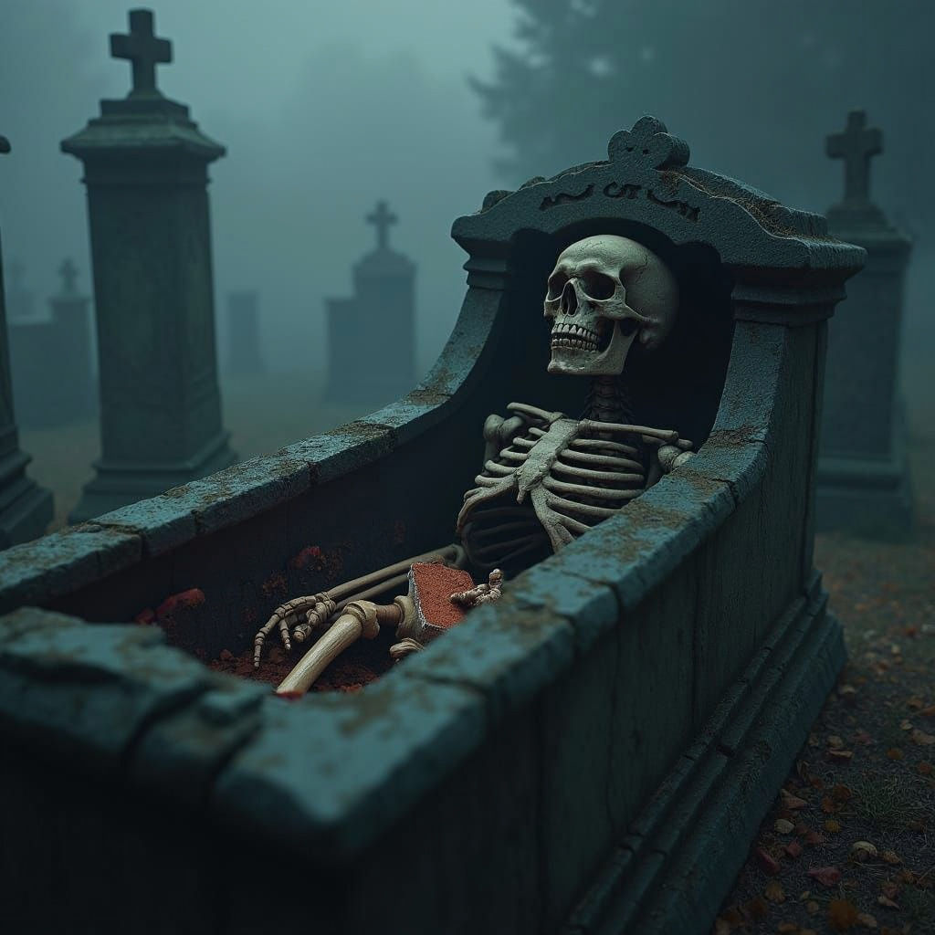 Victorian Graveyard Scene with Skeleton in Coffin