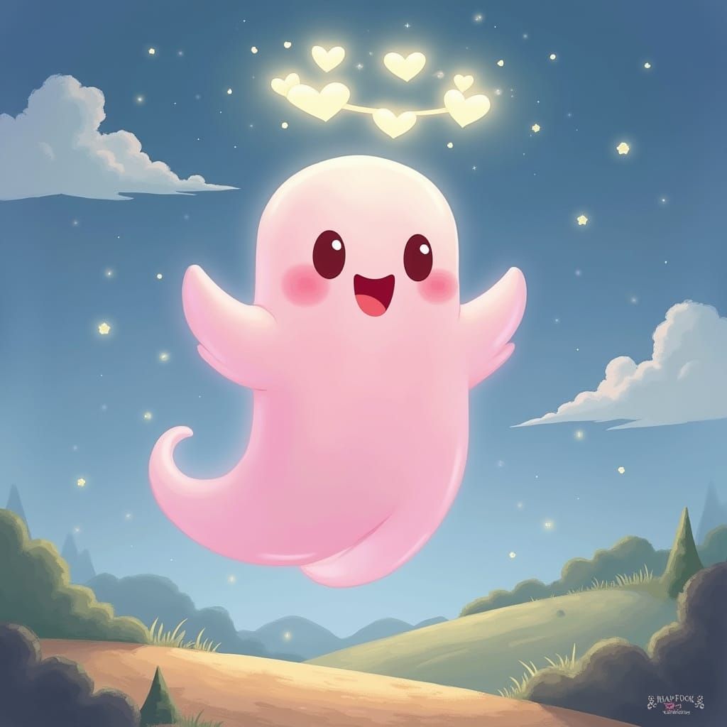 Pink Ghost with Heart Halo in Storybook Style