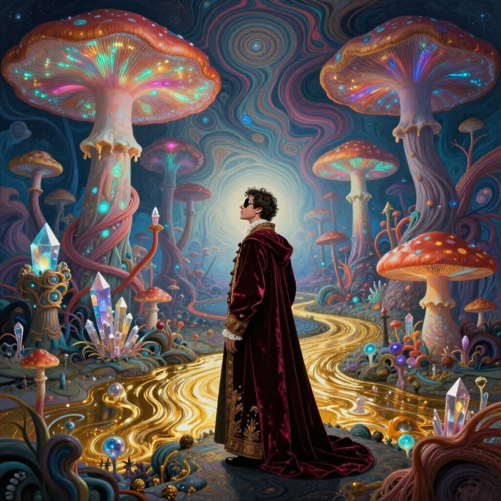 Figure Contemplating Surreal Psychedelic Landscape
