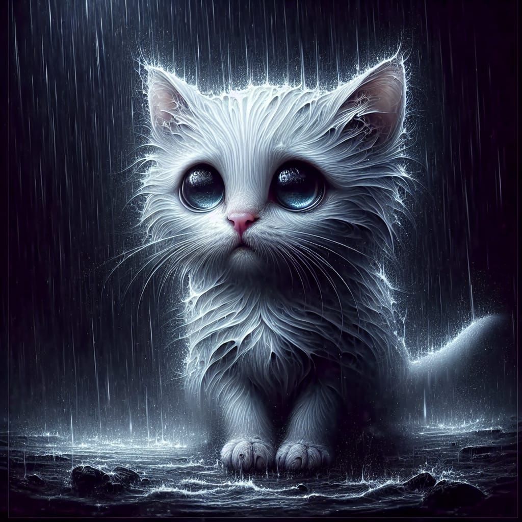 Upset Kitten in Rain: Fantasycore Digital Art