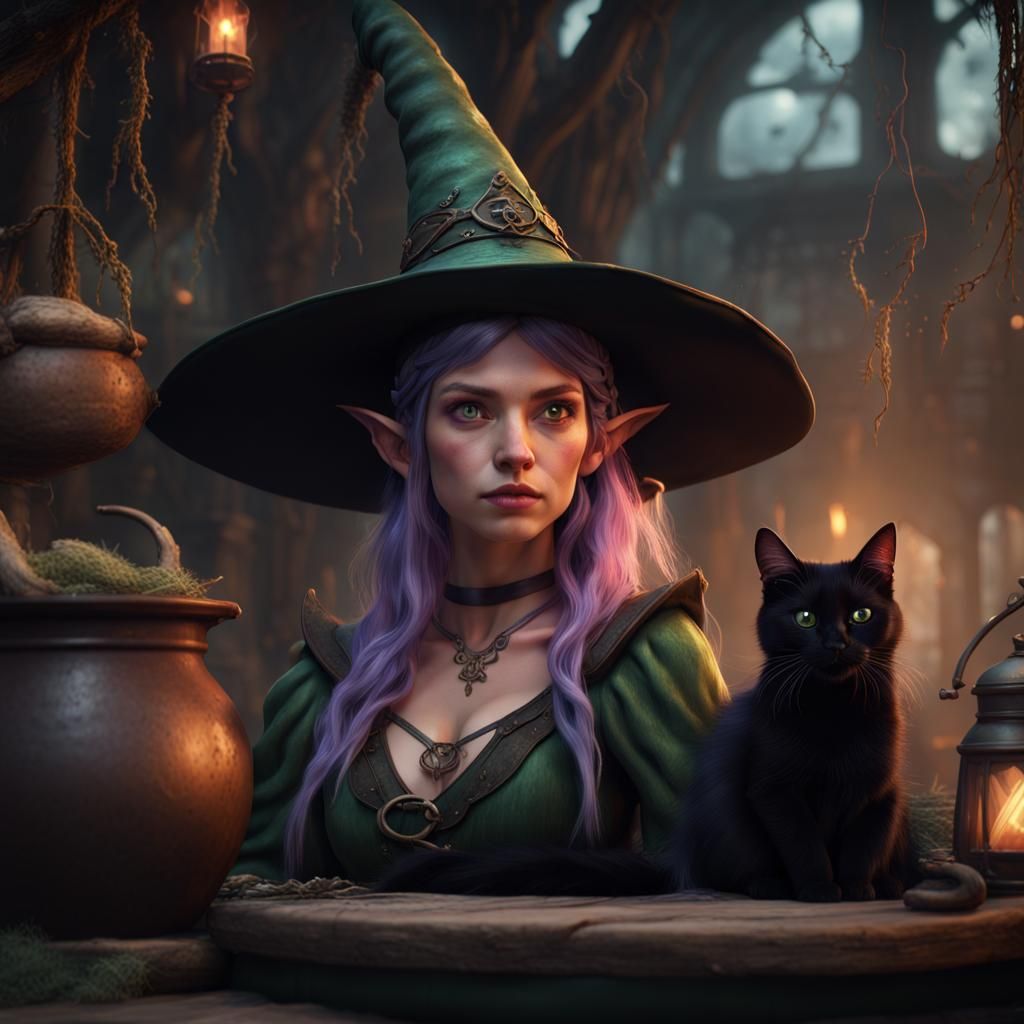 Fantasy Elf Witch at Cauldron with Black Cat