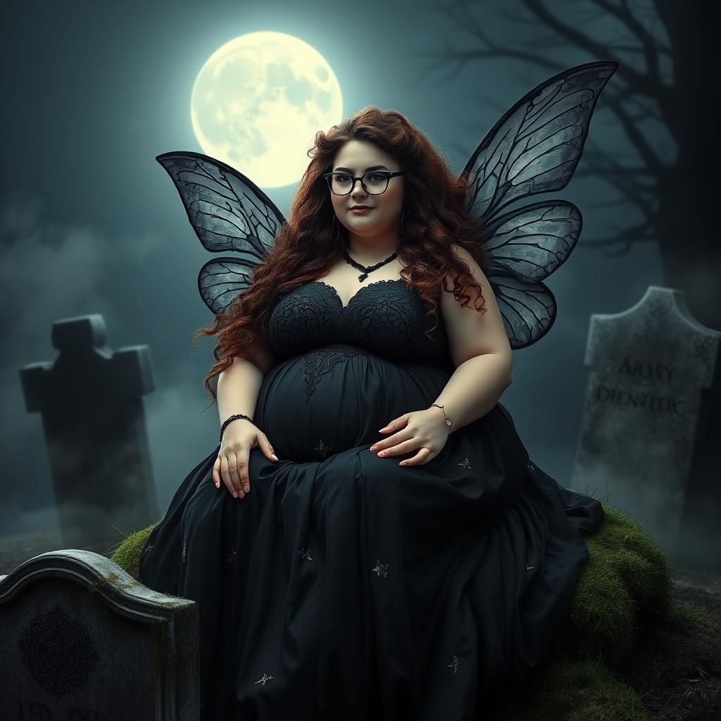 Goth Fairy on Grave Under Full Moon