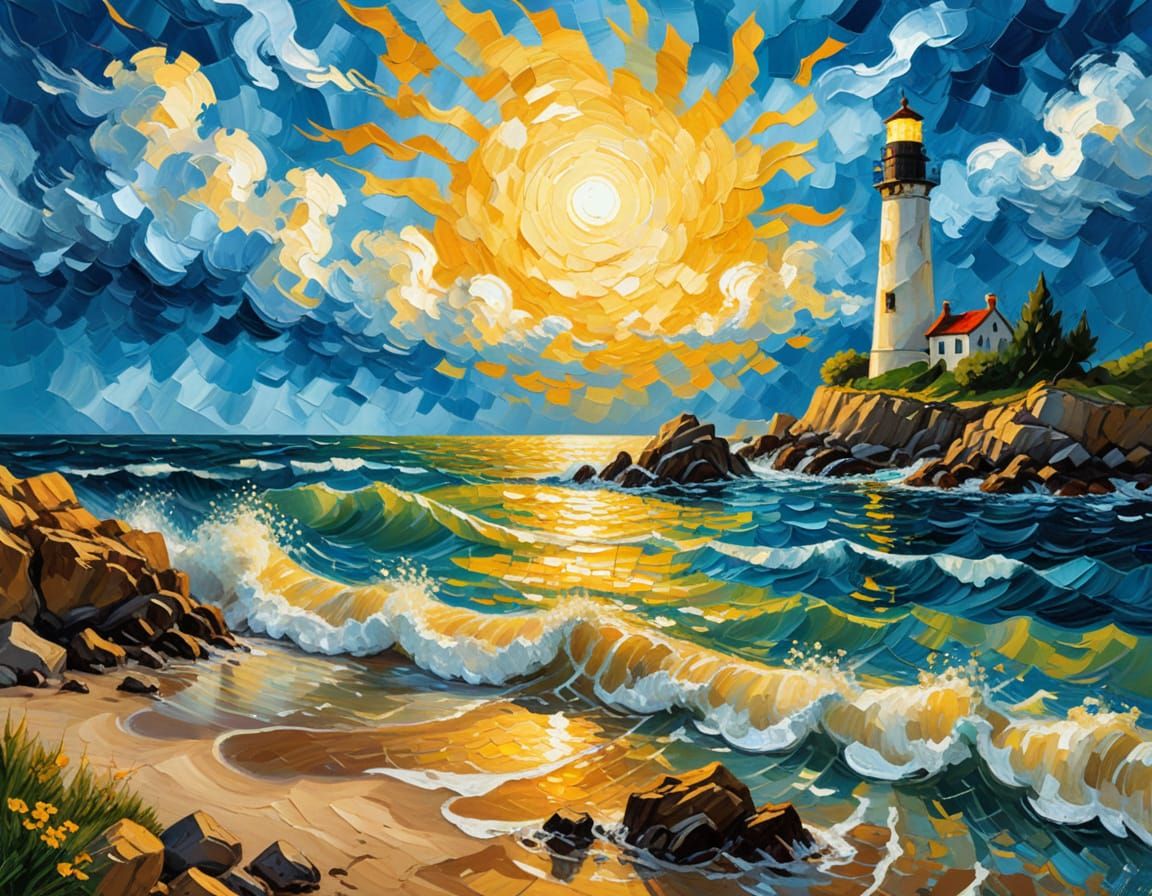 Impasto Lighthouse Scene on a Golden Summer Beach