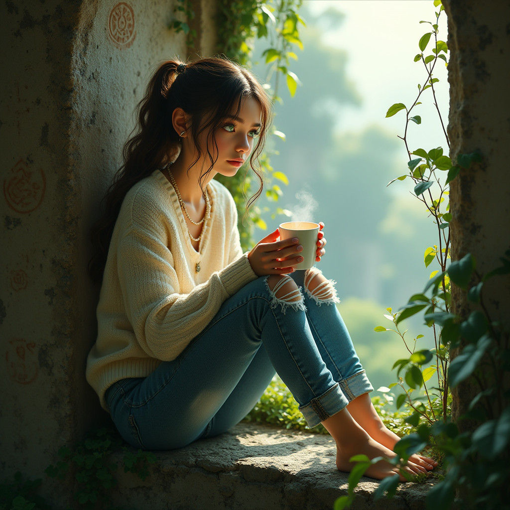 Mystical Woman with Coffee, Hyper-Realistic Digital Art