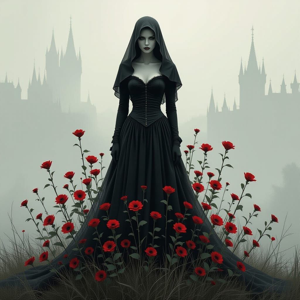 Ethereal Woman in Gothic Setting as Dark Surrealist Art