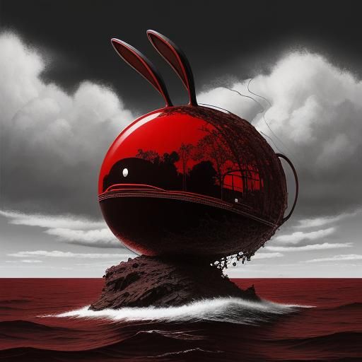 Surreal Chocolate Rabbit Painting in Black and Red