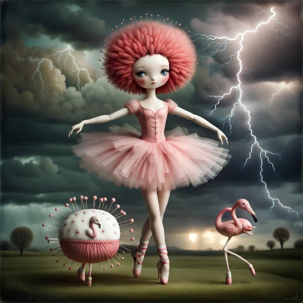 Ballet Dancers Dance with Lion in Stormy Meadow
