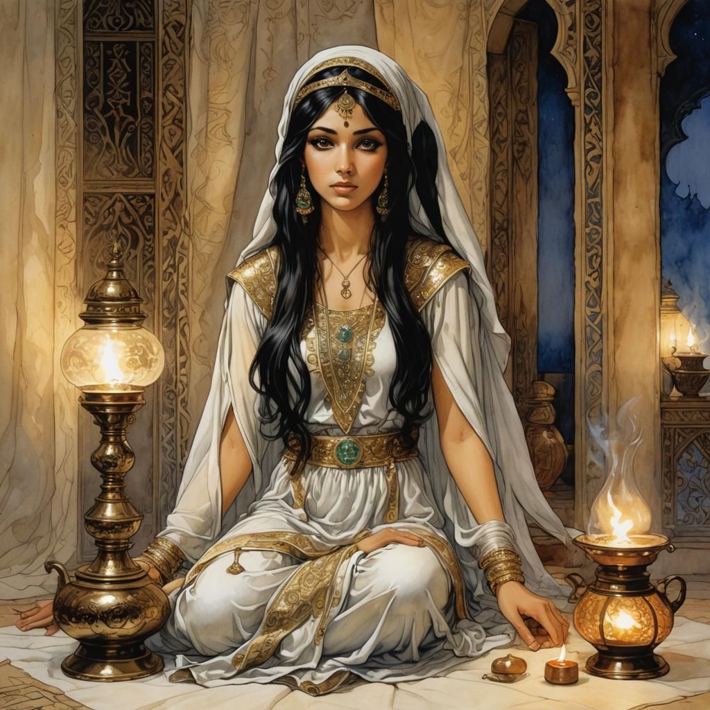 Arabian Princess with Oil Lamp in Comic Book Style