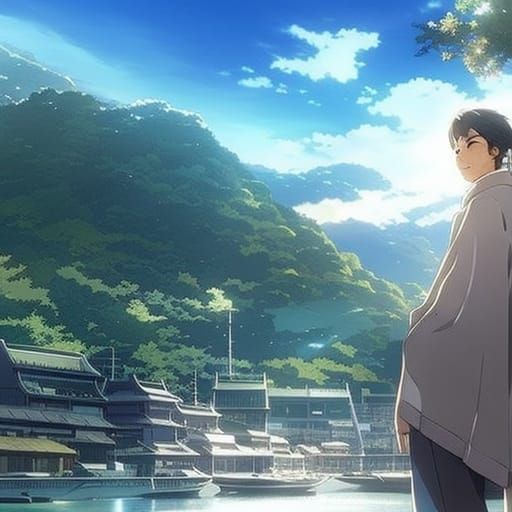 Handsome Man with Cat in Studio Ghibli Anime Style