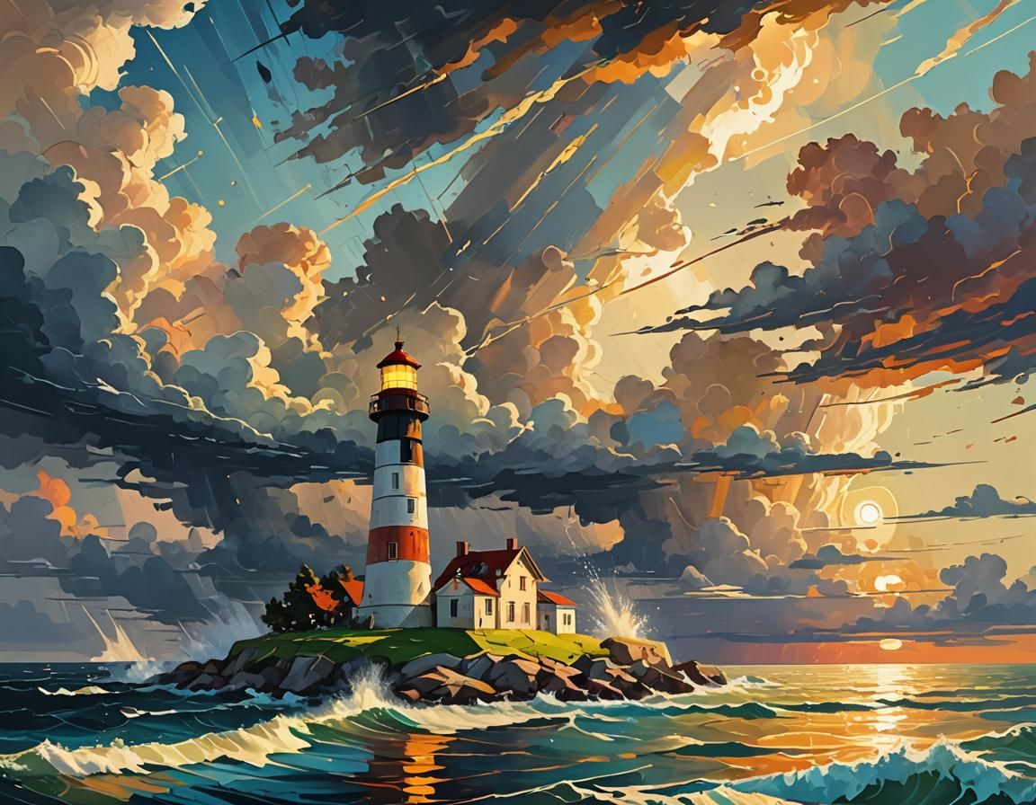 Lighthouse in Storm with Golden Sunset: Kandinsky Splash Art