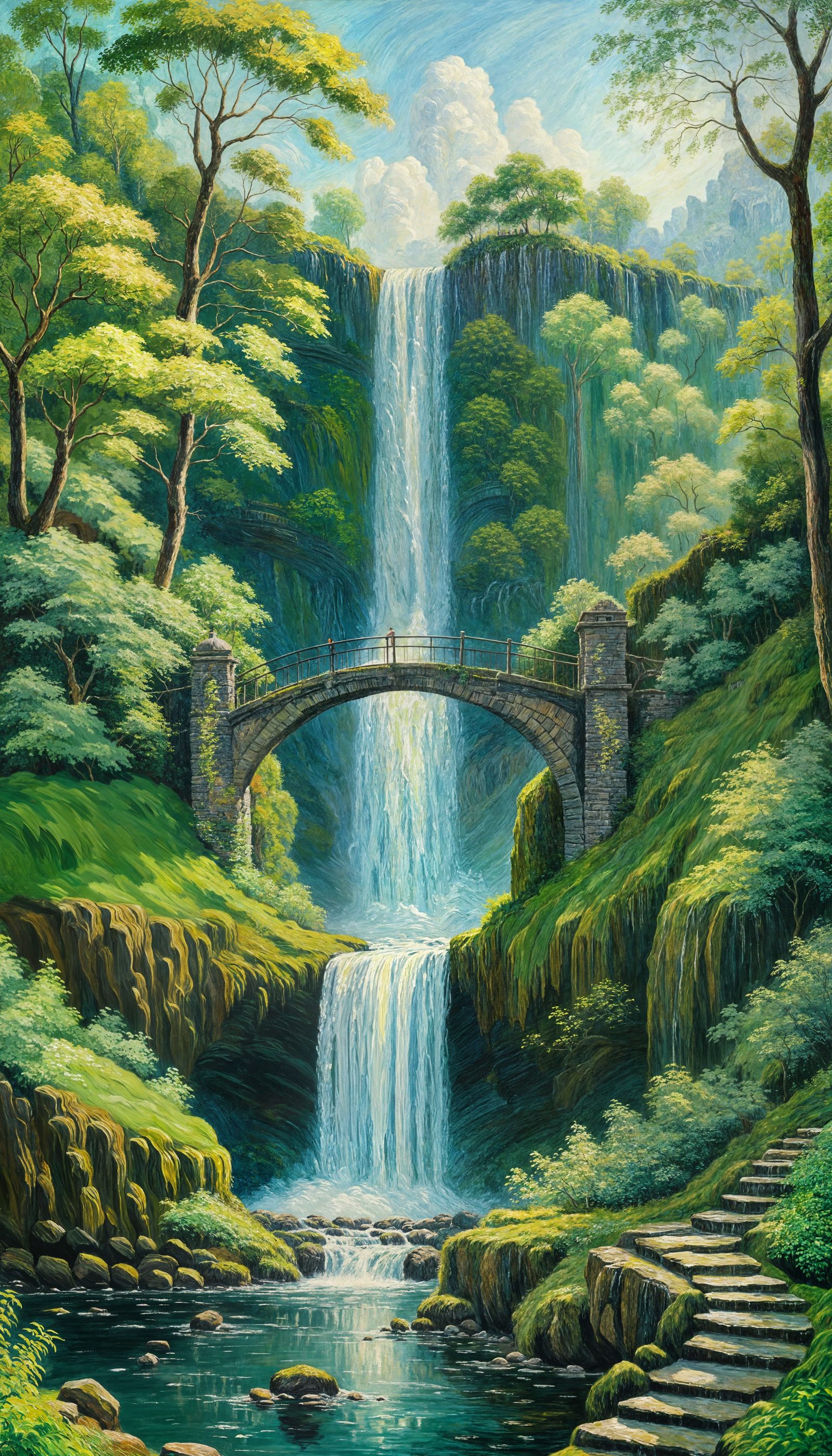 Majestic Waterfall with Stone Bridge as Impasto Painting